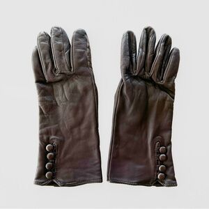 Etienne Aigner Chocolate Brown Leather Gloves with Button Detail